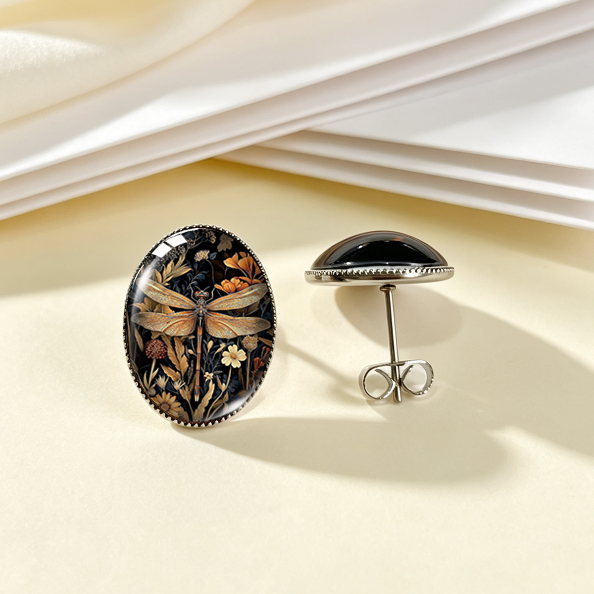 Black and Golden Dragonfly Floral Print Stud Earrings
